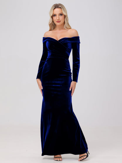 Off the Shoulder Sheath Long Sleeves Velvet Bridesmaid Dresses