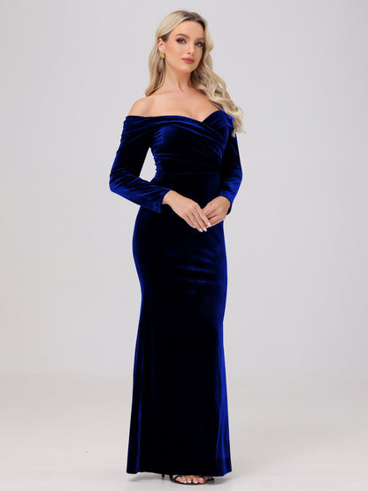 Off the Shoulder Sheath Long Sleeves Velvet Bridesmaid Dresses