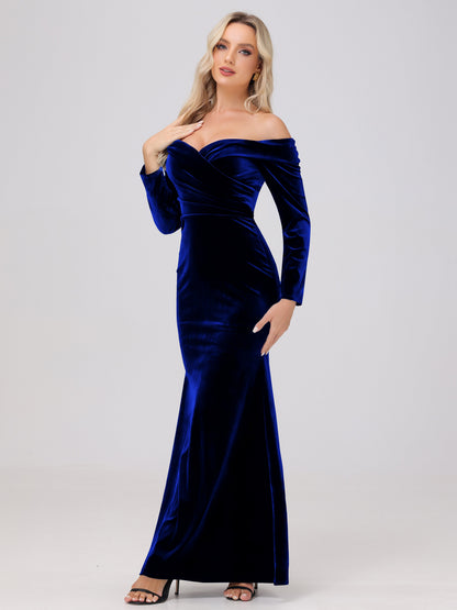 Off the Shoulder Sheath Long Sleeves Velvet Bridesmaid Dresses