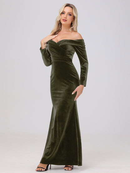 Off the Shoulder Sheath Long Sleeves Velvet Bridesmaid Dresses