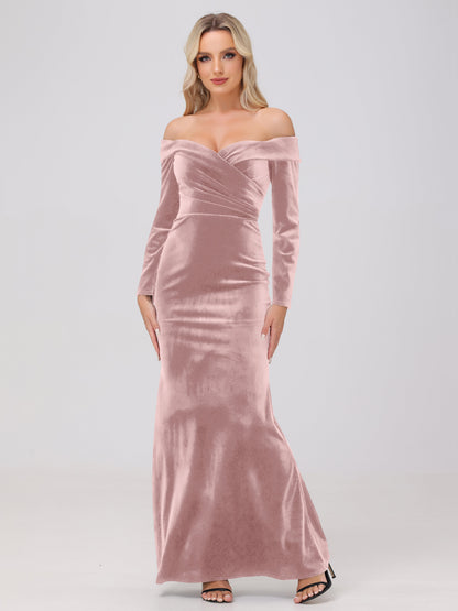 Off the Shoulder Sheath Long Sleeves Velvet Bridesmaid Dresses