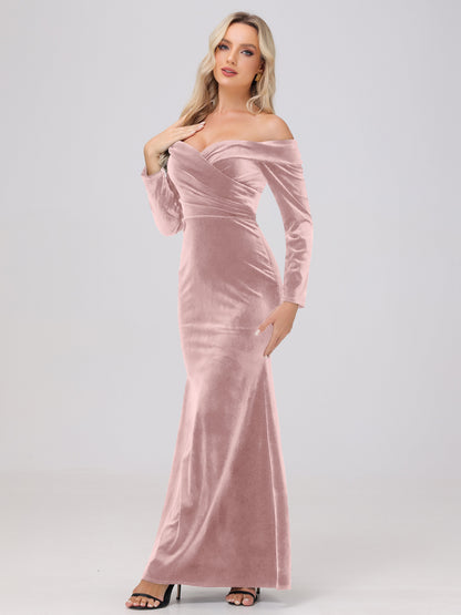 Off the Shoulder Sheath Long Sleeves Velvet Bridesmaid Dresses