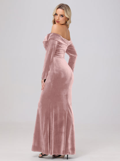 Off the Shoulder Sheath Long Sleeves Velvet Bridesmaid Dresses