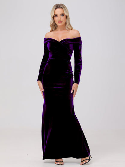 Off the Shoulder Sheath Long Sleeves Velvet Bridesmaid Dresses