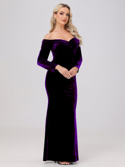 Off the Shoulder Sheath Long Sleeves Velvet Bridesmaid Dresses