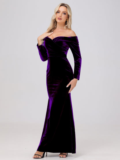 Off the Shoulder Sheath Long Sleeves Velvet Bridesmaid Dresses