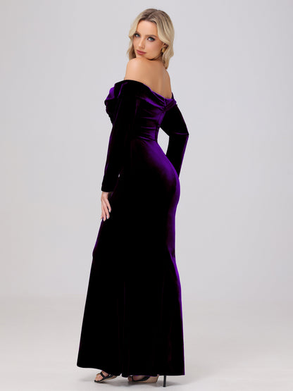 Off the Shoulder Sheath Long Sleeves Velvet Bridesmaid Dresses
