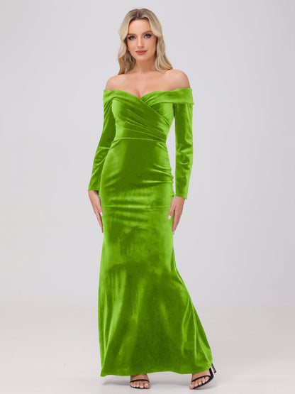 Off the Shoulder Sheath Long Sleeves Velvet Bridesmaid Dresses