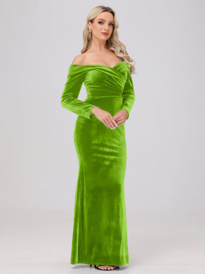 Off the Shoulder Sheath Long Sleeves Velvet Bridesmaid Dresses