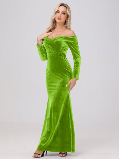 Off the Shoulder Sheath Long Sleeves Velvet Bridesmaid Dresses