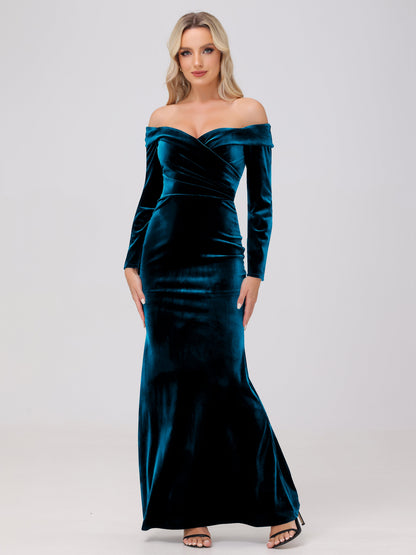Off the Shoulder Sheath Long Sleeves Velvet Bridesmaid Dresses