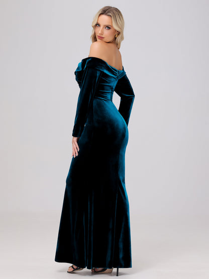 Off the Shoulder Sheath Long Sleeves Velvet Bridesmaid Dresses