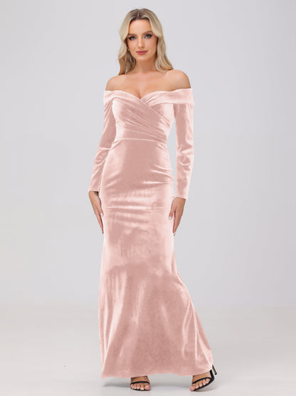 Off the Shoulder Sheath Long Sleeves Velvet Bridesmaid Dresses