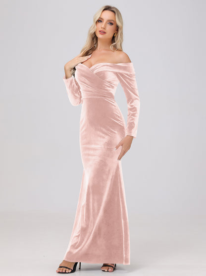 Off the Shoulder Sheath Long Sleeves Velvet Bridesmaid Dresses