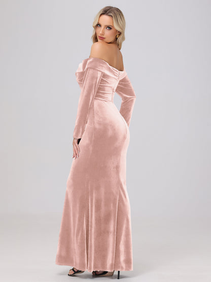 Off the Shoulder Sheath Long Sleeves Velvet Bridesmaid Dresses