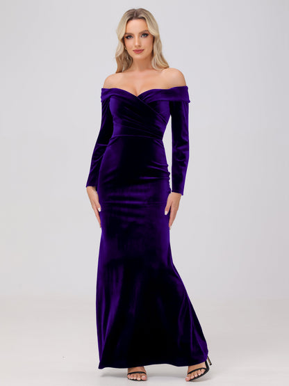 Off the Shoulder Sheath Long Sleeves Velvet Bridesmaid Dresses
