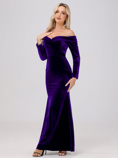 Off the Shoulder Sheath Long Sleeves Velvet Bridesmaid Dresses