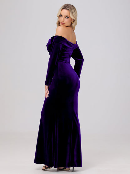 Off the Shoulder Sheath Long Sleeves Velvet Bridesmaid Dresses