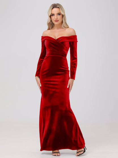 Off the Shoulder Sheath Long Sleeves Velvet Bridesmaid Dresses
