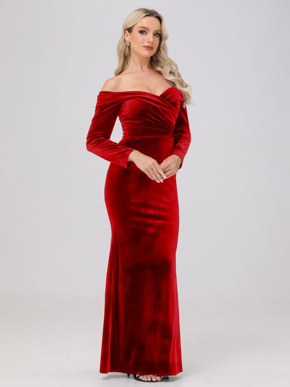 Off the Shoulder Sheath Long Sleeves Velvet Bridesmaid Dresses