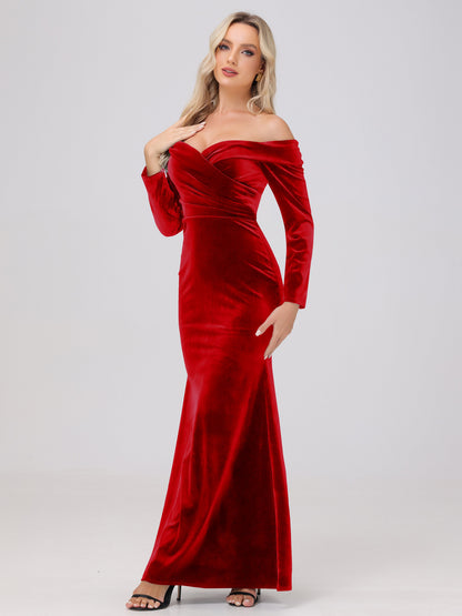 Off the Shoulder Sheath Long Sleeves Velvet Bridesmaid Dresses
