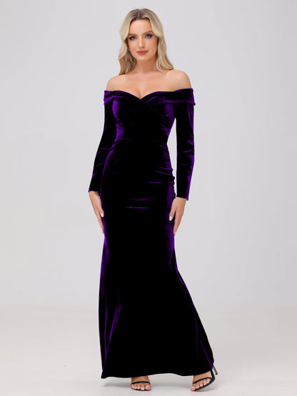 Off the Shoulder Sheath Long Sleeves Velvet Bridesmaid Dresses