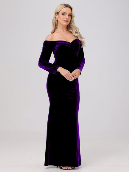 Off the Shoulder Sheath Long Sleeves Velvet Bridesmaid Dresses