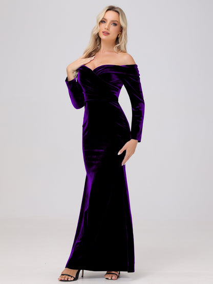 Off the Shoulder Sheath Long Sleeves Velvet Bridesmaid Dresses