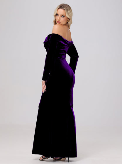 Off the Shoulder Sheath Long Sleeves Velvet Bridesmaid Dresses