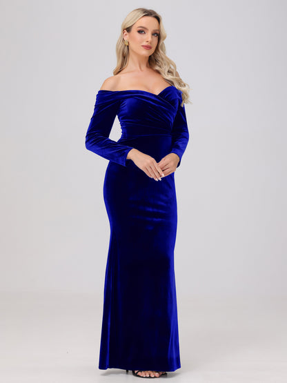 Off the Shoulder Sheath Long Sleeves Velvet Bridesmaid Dresses