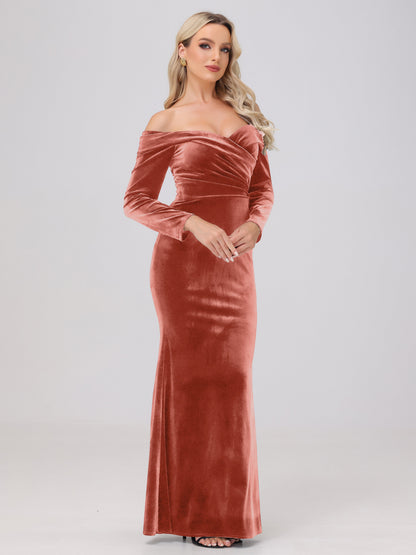 Off the Shoulder Sheath Long Sleeves Velvet Bridesmaid Dresses