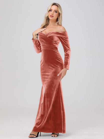 Off the Shoulder Sheath Long Sleeves Velvet Bridesmaid Dresses