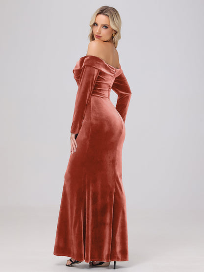 Off the Shoulder Sheath Long Sleeves Velvet Bridesmaid Dresses