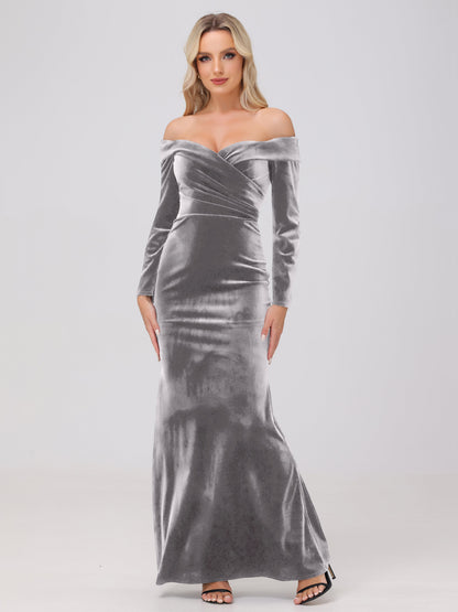 Off the Shoulder Sheath Long Sleeves Velvet Bridesmaid Dresses