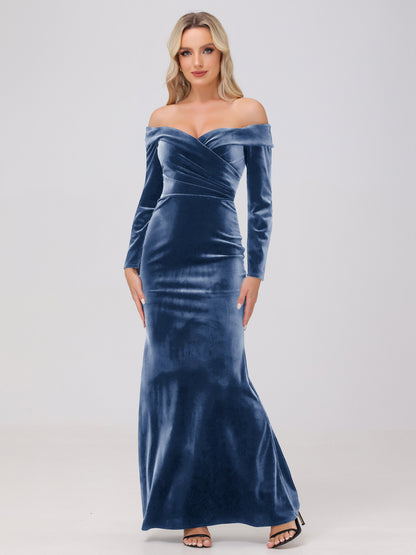 Off the Shoulder Sheath Long Sleeves Velvet Bridesmaid Dresses