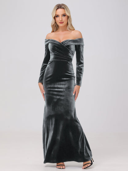 Off the Shoulder Sheath Long Sleeves Velvet Bridesmaid Dresses