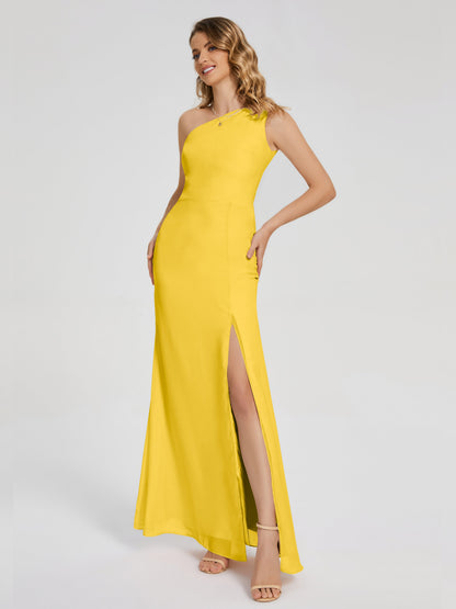 River One Shoulder Column Slit Bridesmaid Dress