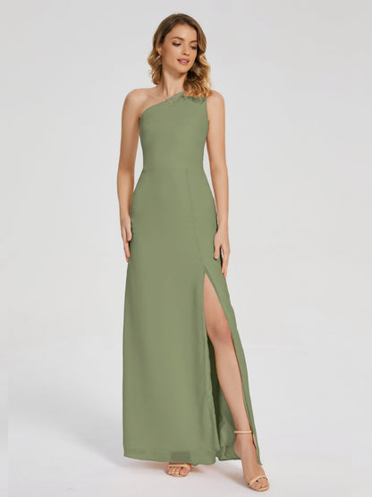 River One Shoulder Column Slit Bridesmaid Dress