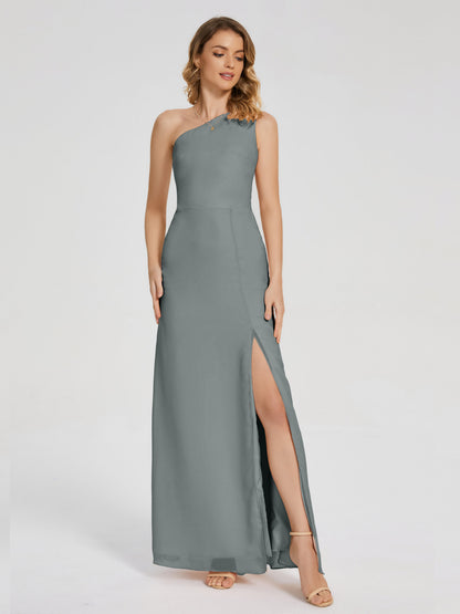 River One Shoulder Column Slit Bridesmaid Dress