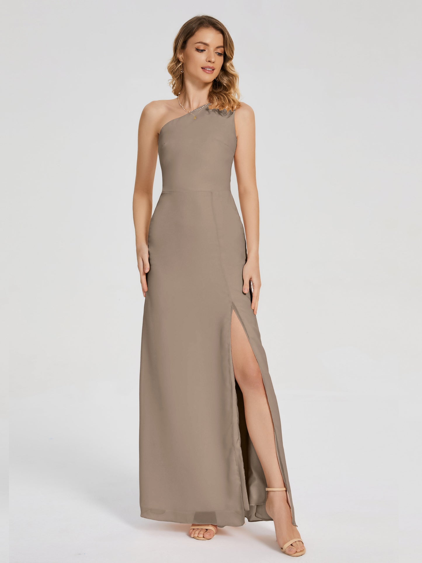 River One Shoulder Column Slit Bridesmaid Dress