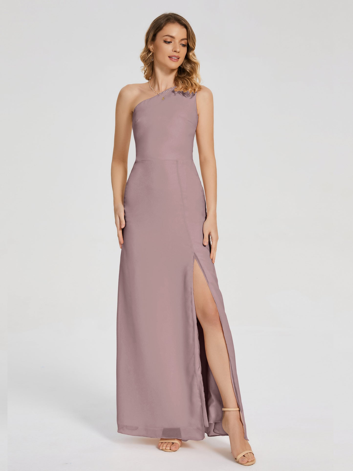 River One Shoulder Column Slit Bridesmaid Dress
