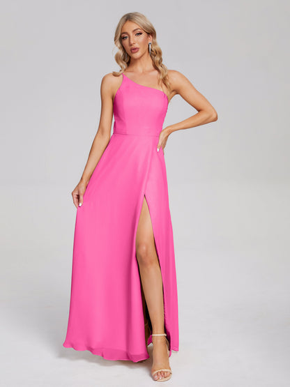 One Shoulder Side Slit Chiffon Bridesmaid Dress