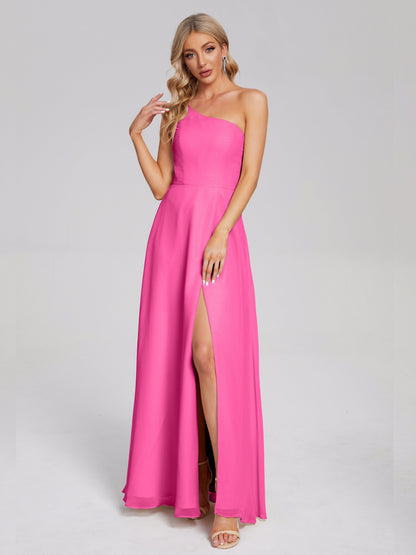 One Shoulder Side Slit Chiffon Bridesmaid Dress