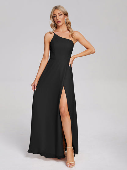One Shoulder Side Slit Chiffon Bridesmaid Dress