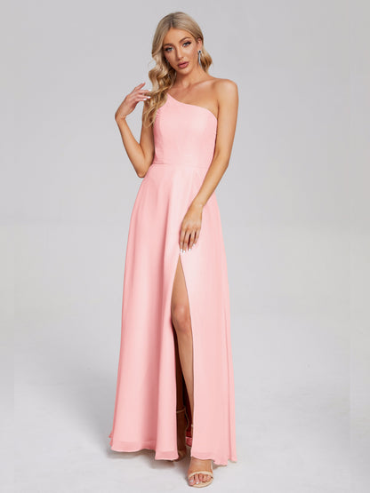 One Shoulder Side Slit Chiffon Bridesmaid Dress