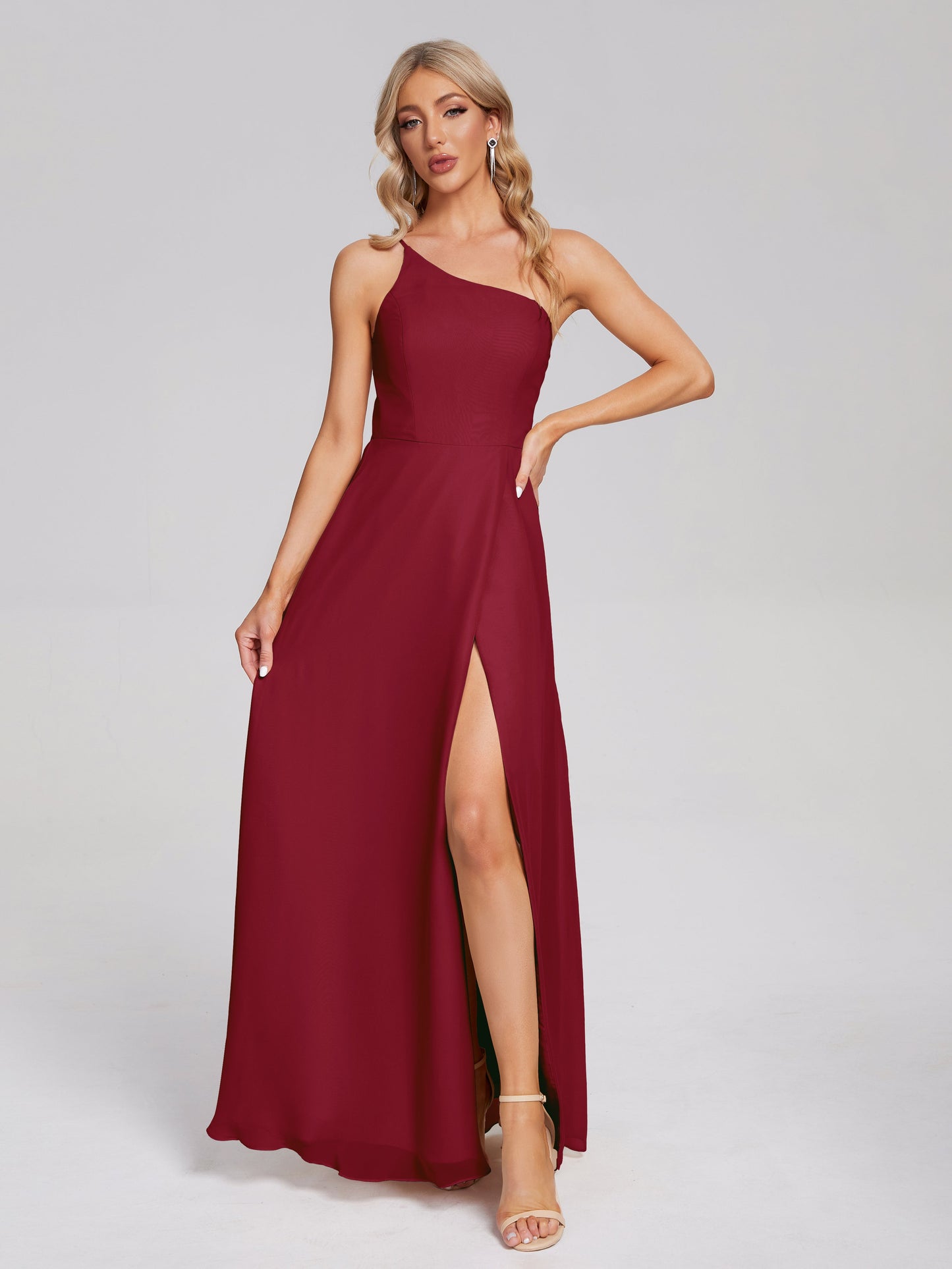 One Shoulder Side Slit Chiffon Bridesmaid Dress