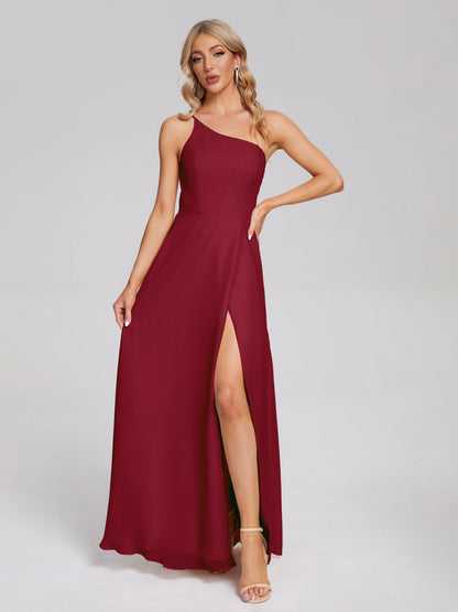 One Shoulder Side Slit Chiffon Bridesmaid Dress