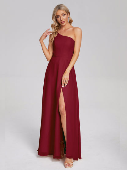 One Shoulder Side Slit Chiffon Bridesmaid Dress