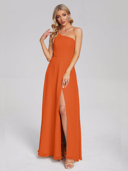 One Shoulder Side Slit Chiffon Bridesmaid Dress