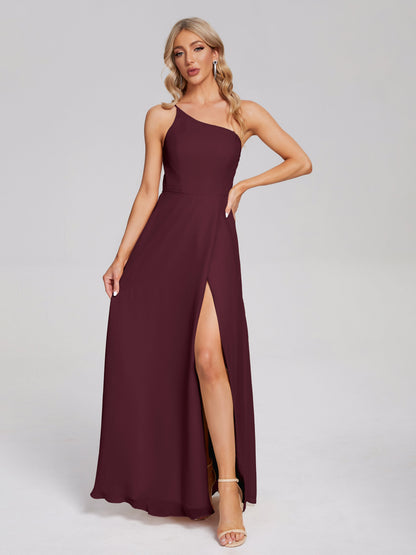 One Shoulder Side Slit Chiffon Bridesmaid Dress